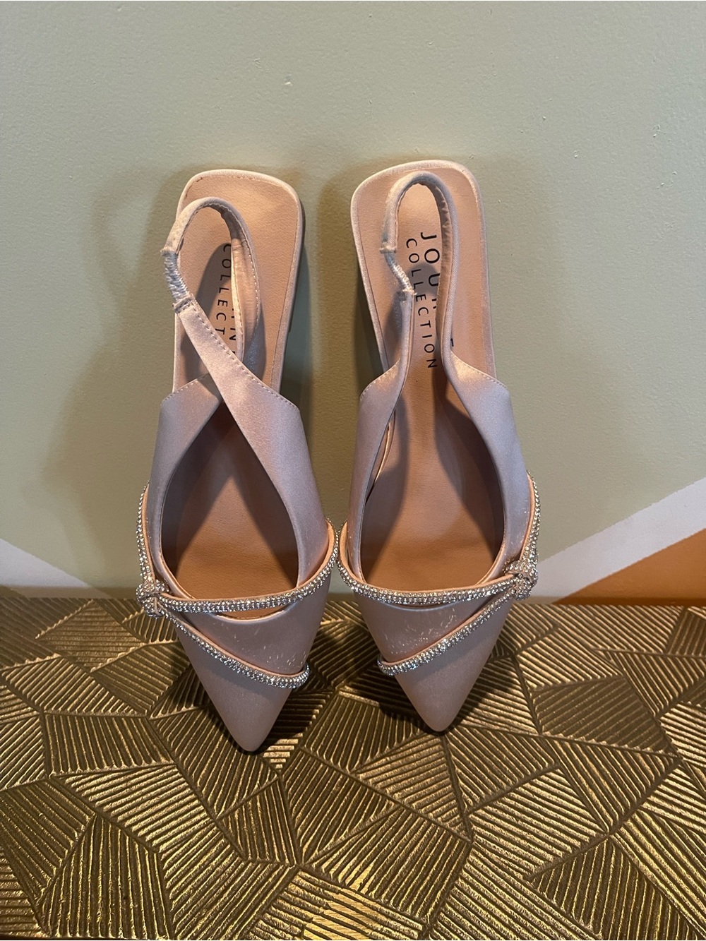 New, Journee Collection Blush Pink Pointed Slingback Mules with Crystal Straps